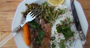Fehérboros heringfilé zöldségekkel, petrezselymes chilis rizzsel
