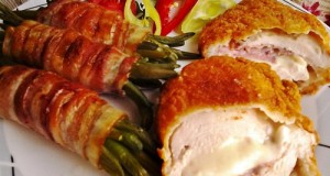 Mozzarellával baconnel töltött csirkemell baconos zöldbabbal