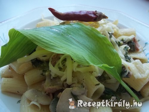 Mángoldos medvehagymás rigatoni füstölt lazaccal fehér borral