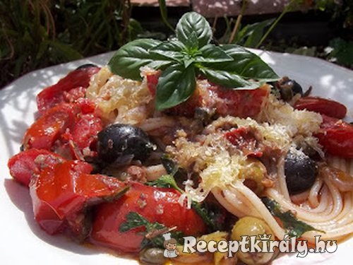 Spaghetti Puttanesca con vino rosso