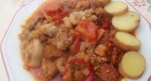 Tökös lecsó darált hússal füstölt kolbásszal